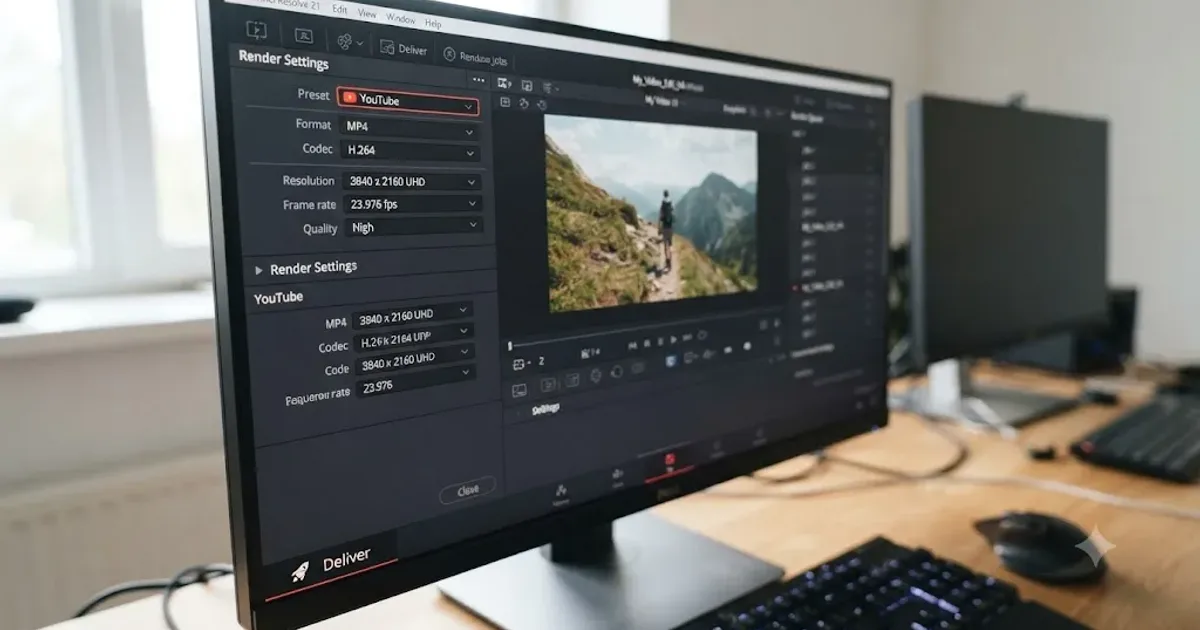 Illustration of the DaVinci Resolve Deliver page set up for a YouTube export