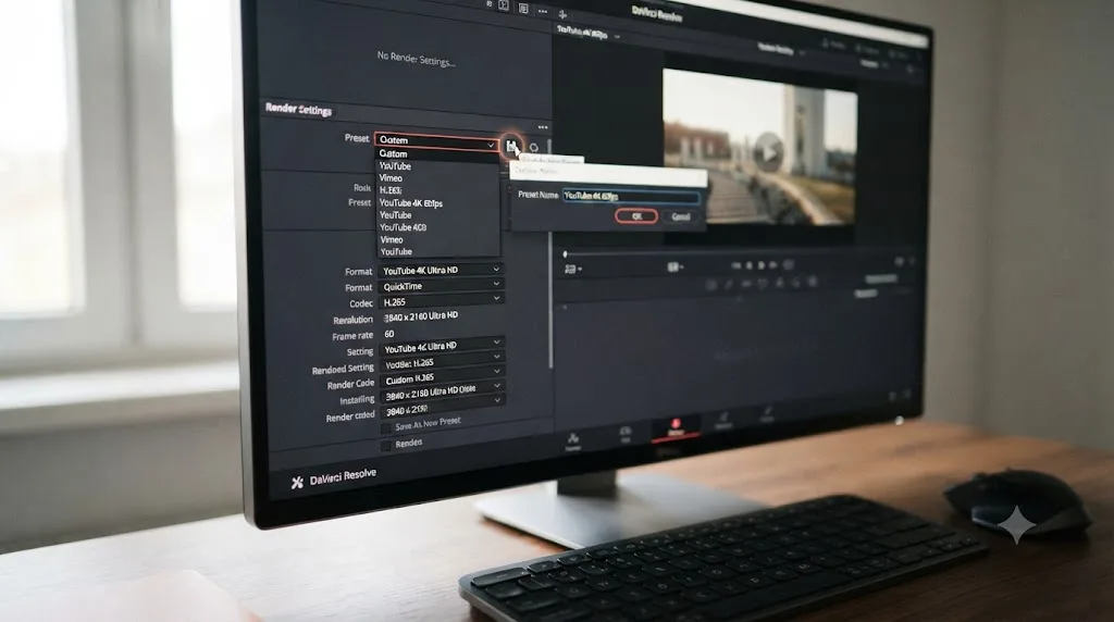 Illustration of saving a custom YouTube export preset in the DaVinci Resolve Deliver page