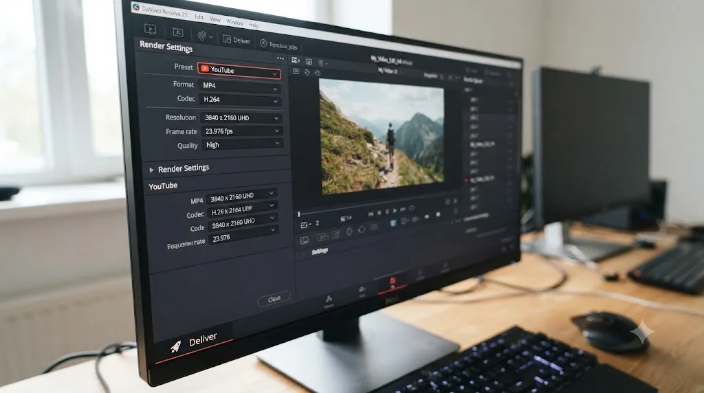 Illustration of the DaVinci Resolve Deliver page with the YouTube preset selected