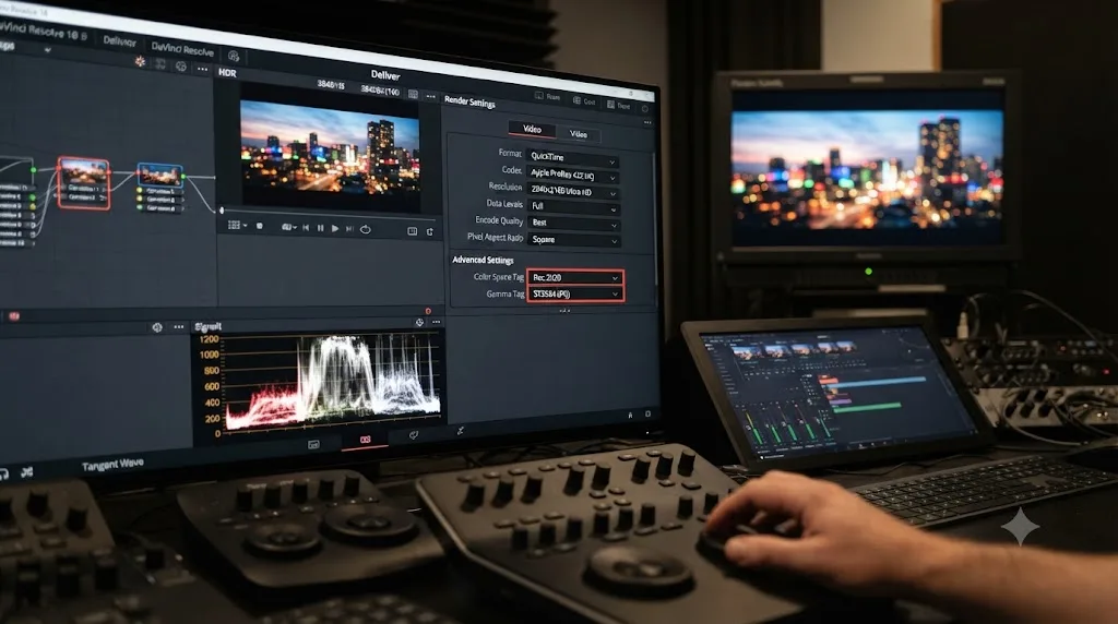 Illustration of HDR export settings including Rec.2020 color space and PQ transfer function
