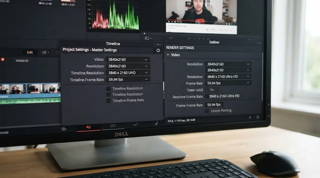 Illustration of resolution and frame rate settings matched to a DaVinci Resolve timeline