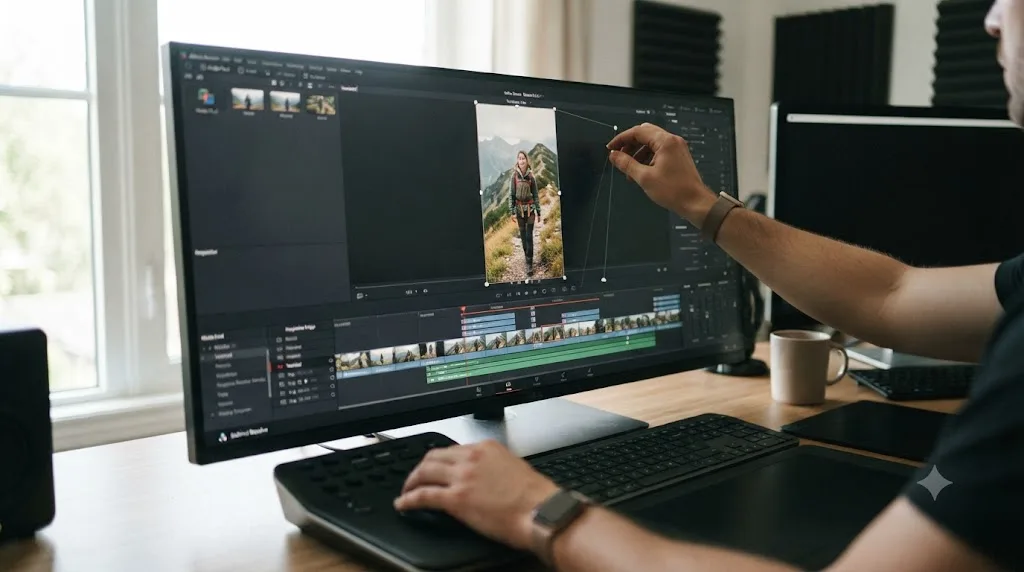 Illustration of a vertical DaVinci Resolve timeline being reframed for YouTube Shorts