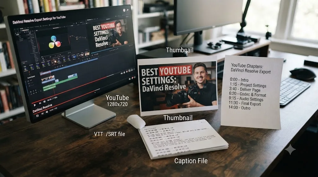 Illustration of a YouTube thumbnail, caption file, and chapter list alongside an exported video