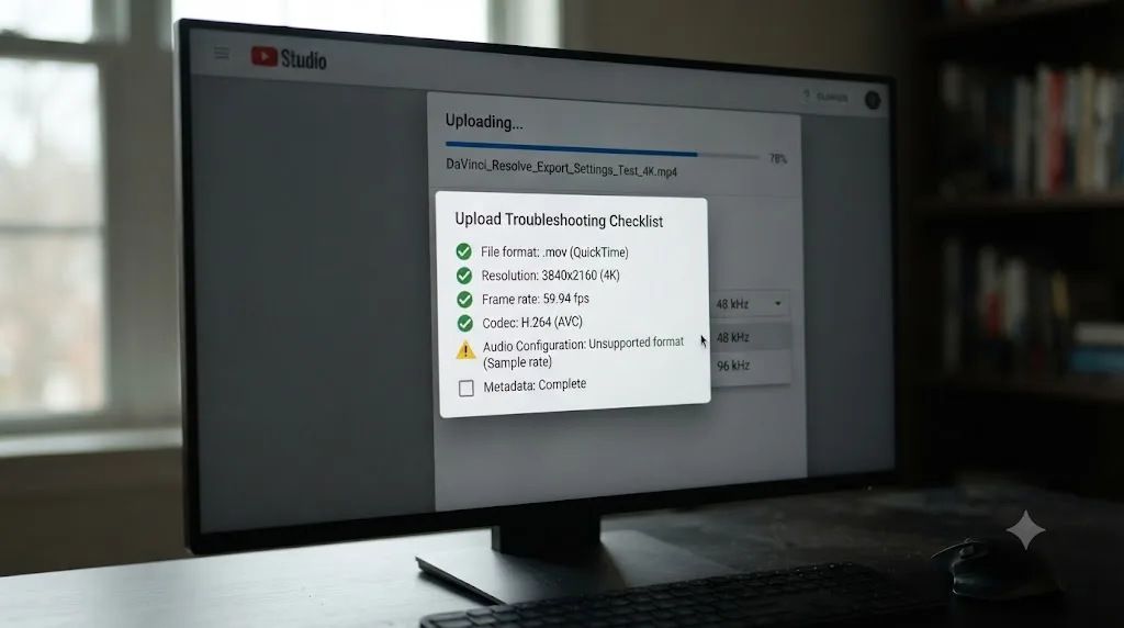 Illustration of a troubleshooting checklist overlaid on a YouTube upload in progress