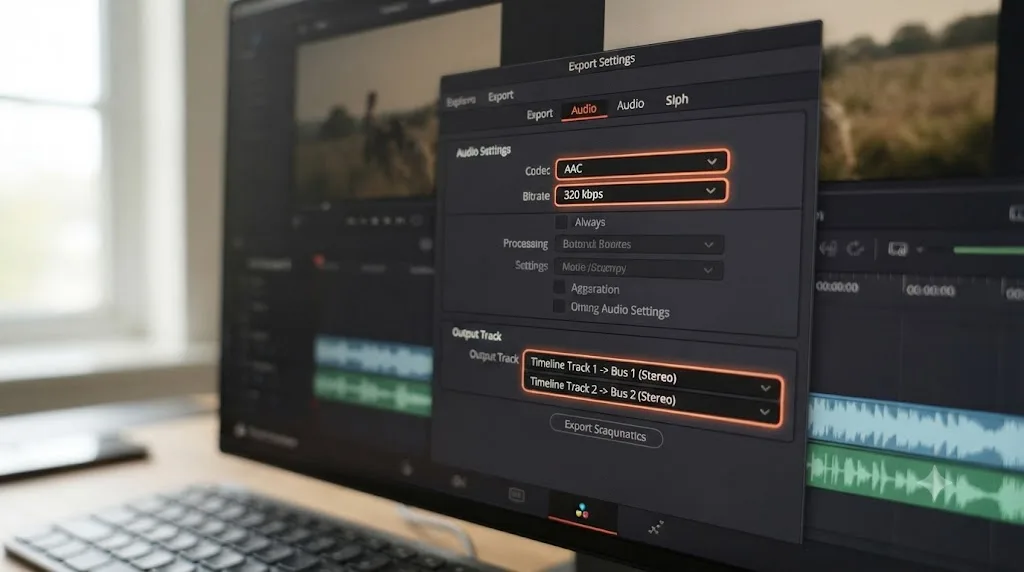 Illustration of audio export codec, bitrate, and output track settings in DaVinci Resolve