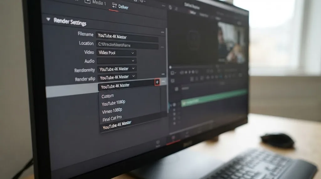 Illustration of saving a custom render preset in the DaVinci Resolve Deliver page