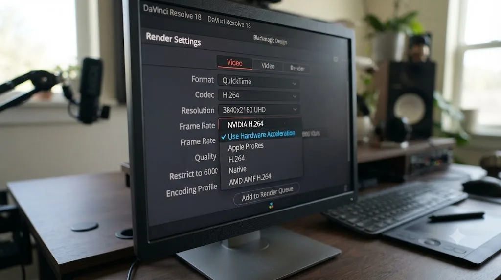 Illustration of software versus hardware encoder options in DaVinci Resolve render settings