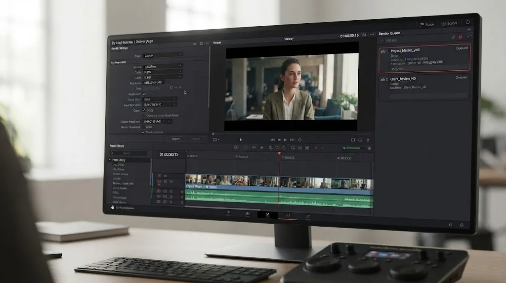 Illustration of the DaVinci Resolve Deliver page layout with render settings, presets, viewer, and render queue