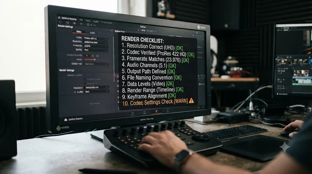 Illustration of a troubleshooting checklist overlaid on a DaVinci Resolve export in progress