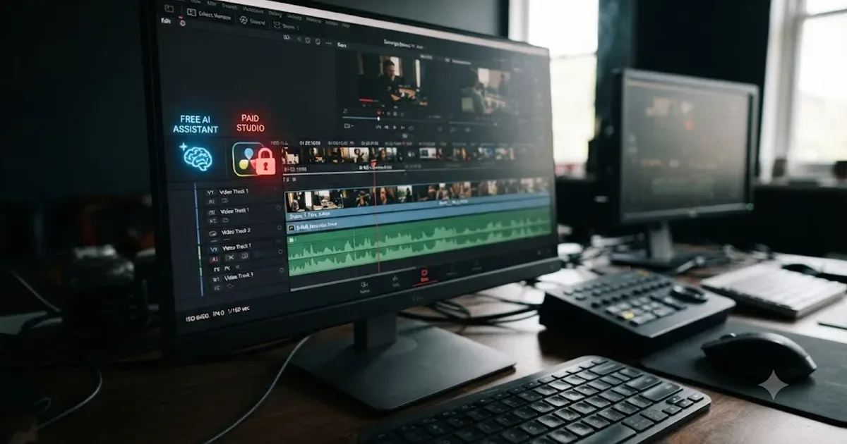 Illustration of a DaVinci Resolve timeline with a free AI assistant icon next to a locked paid Studio icon