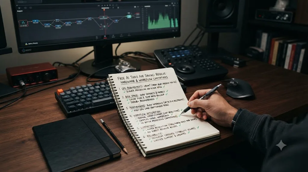 Illustration of a checklist showing hardware and workflow limitations of free AI tools for DaVinci Resolve