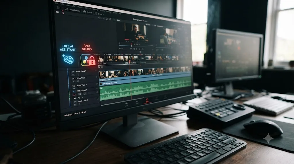 Illustration of DaVinci Resolve's Neural Engine AI tools locked behind the paid Studio license