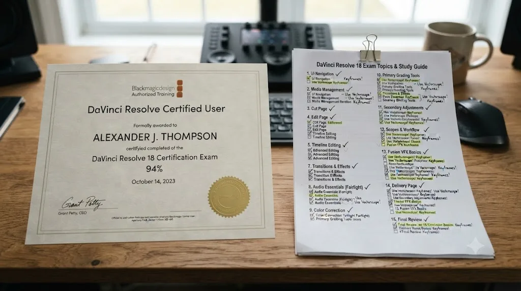 Illustration of a free DaVinci Resolve certification exam and study checklist