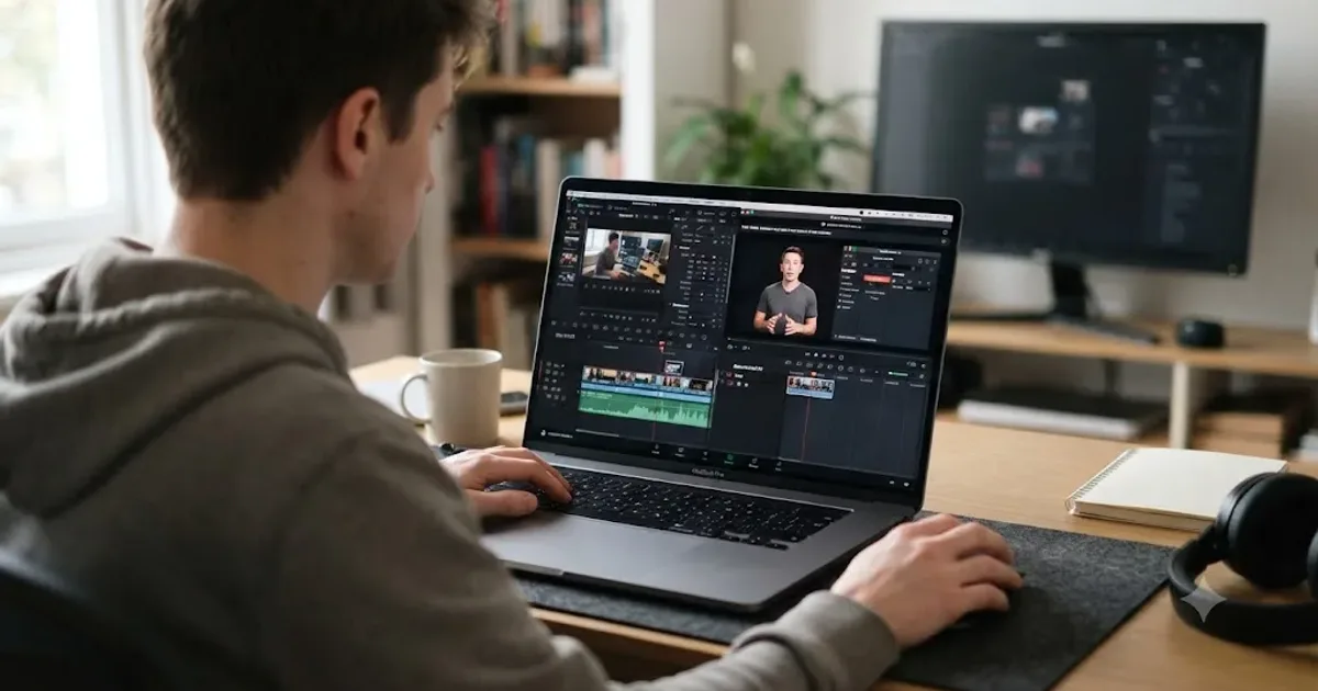 Illustration of someone learning DaVinci Resolve from a free video course