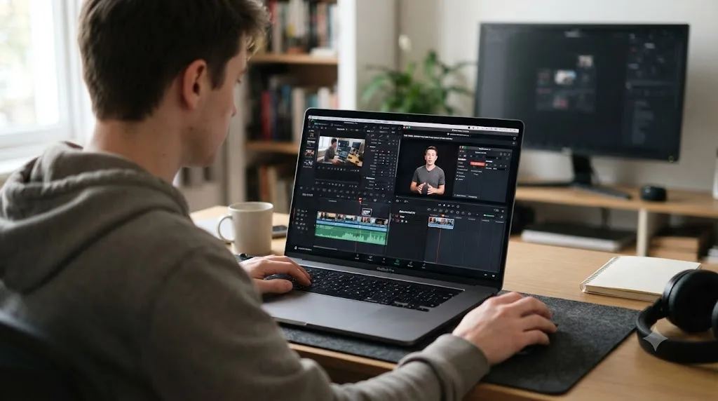 Illustration of someone learning DaVinci Resolve from a free video course