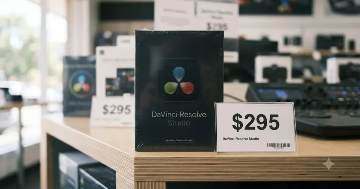 Illustration of a price tag next to the DaVinci Resolve Studio icon