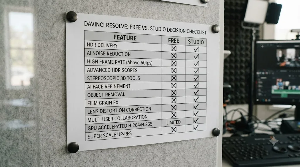 Illustration of a checklist for deciding whether to buy DaVinci Resolve Studio