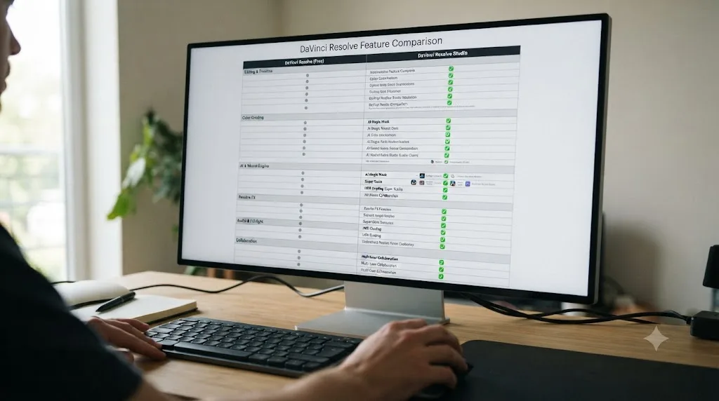 Illustration of a feature comparison chart between DaVinci Resolve free and Studio