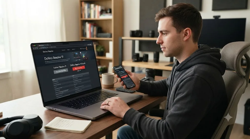 Illustration of comparing the DaVinci Resolve free and Studio download options