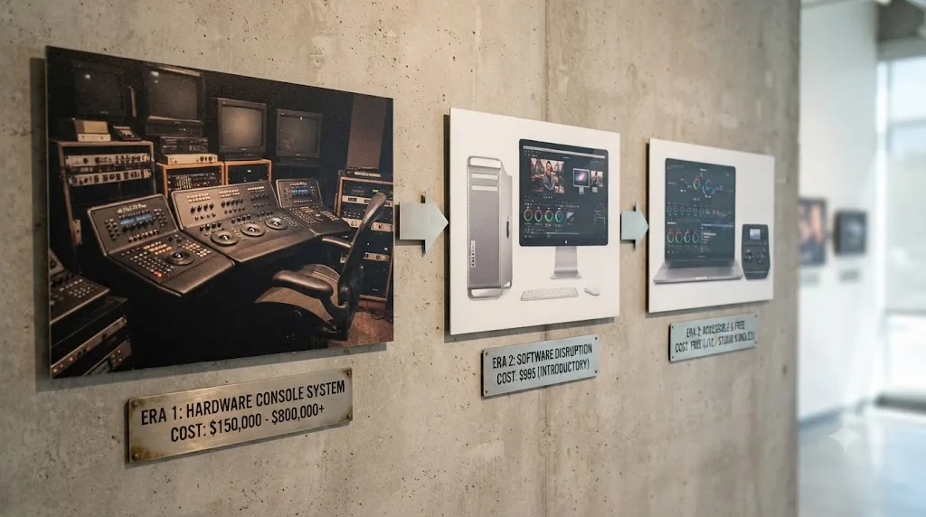Illustration of a timeline showing DaVinci Resolve's price history from expensive hardware to free software