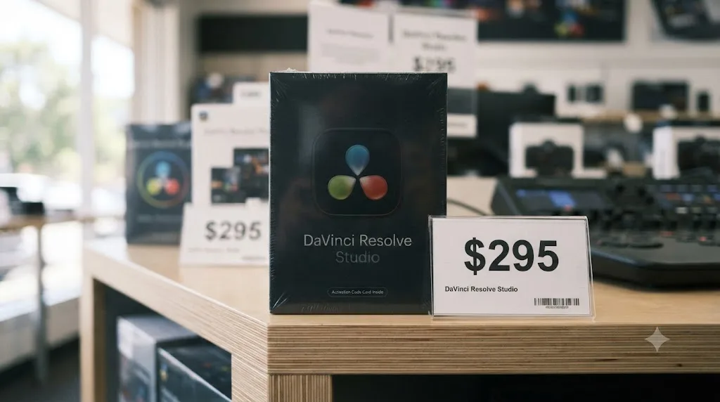 Illustration of a price tag next to the DaVinci Resolve Studio icon