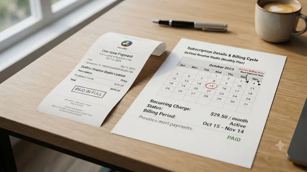Illustration comparing a one-time software purchase receipt with a recurring monthly subscription calendar