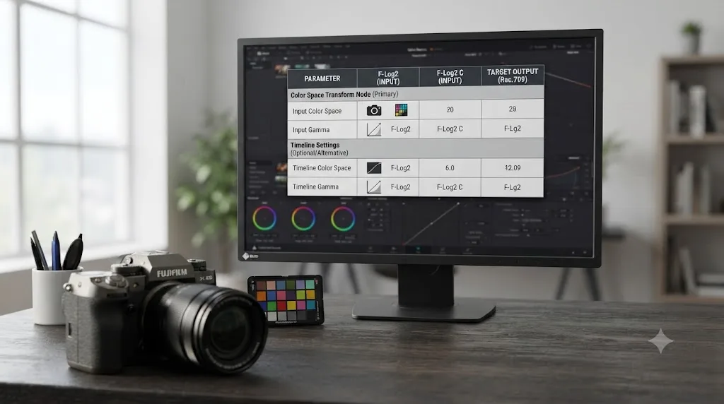 Illustration of a settings cheat sheet table for Fujifilm X-H2S F-Log2 and F-Log2 C Color Space Transform values in DaVinci Resolve