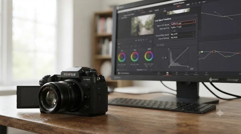 Illustration of a Fujifilm X-H2S camera next to a DaVinci Resolve Color Space Transform panel set to Rec.2020 and Fujifilm F-Log2