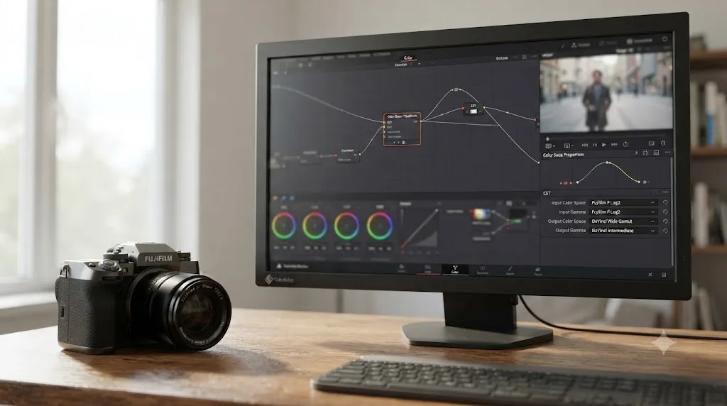 Illustration of a DaVinci Resolve Color Space Transform node converting Fujifilm X-H2S F-Log2 footage from Rec.2020 to DaVinci Wide Gamut