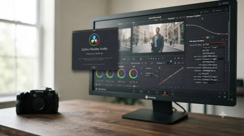 Illustration of a DaVinci Resolve version panel next to a Color Space Transform dropdown showing the new F-Gamut C preset for Fujifilm F-Log2 C