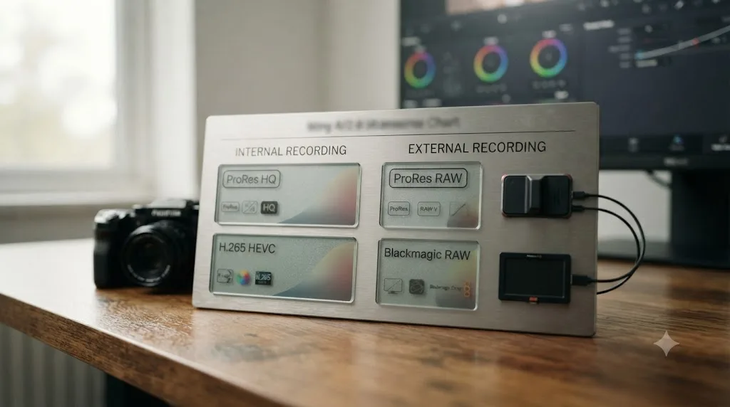 Illustration comparing Fujifilm X-H2S F-Log2 recording formats across internal ProRes, H.265, and external ProRes RAW and Blackmagic RAW