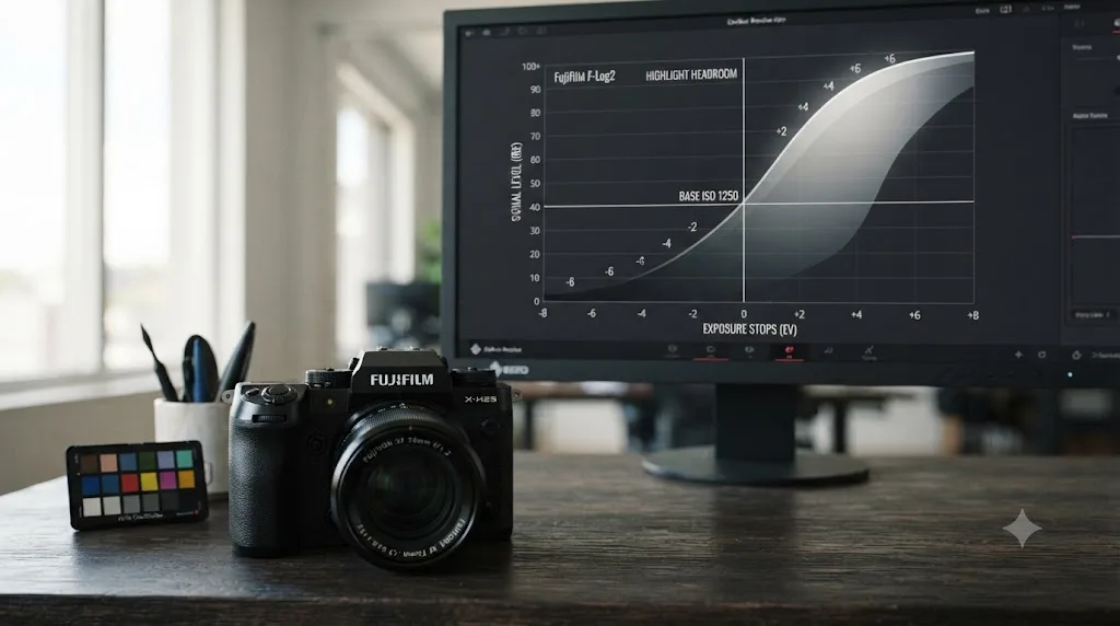 Illustration of a dynamic range chart showing Fujifilm F-Log2 at its base ISO of 1250 on the Fujifilm X-H2S