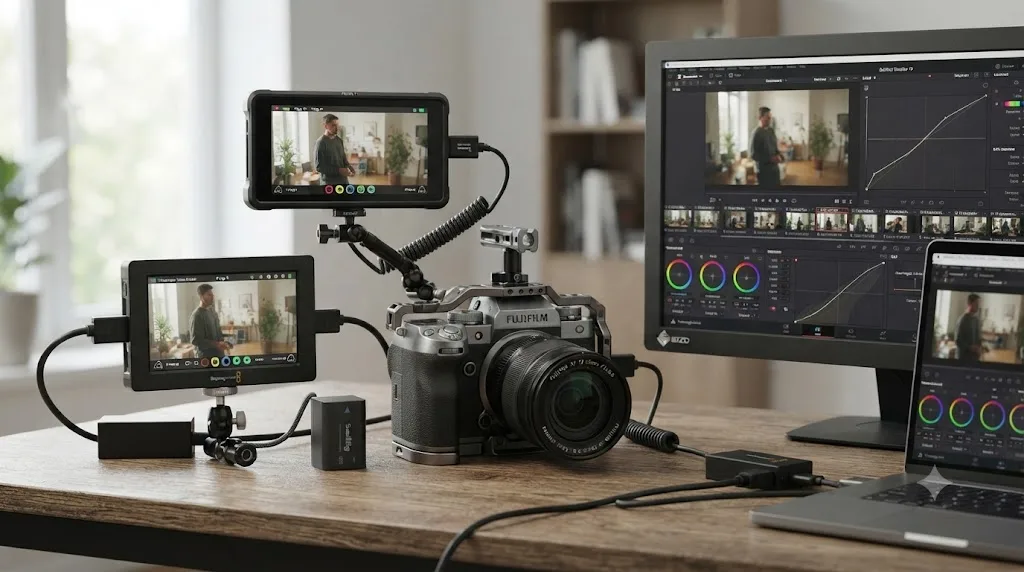 Illustration of an Atomos Ninja V and a Blackmagic Video Assist recorder connected to a Fujifilm X-H2S over HDMI feeding footage into DaVinci Resolve