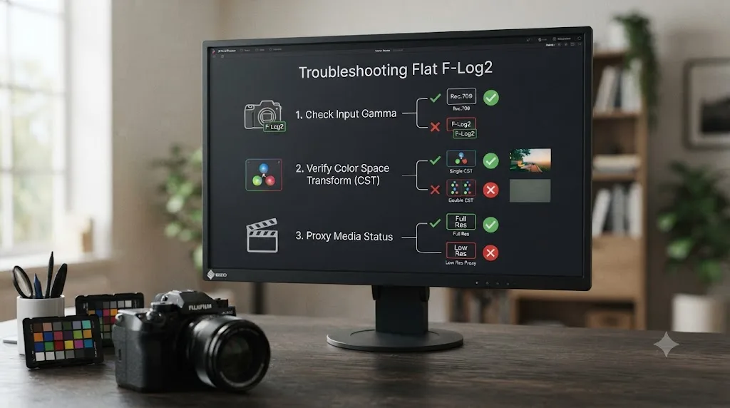 Illustration of a troubleshooting checklist for a Fujifilm X-H2S F-Log2 clip still looking flat in DaVinci Resolve