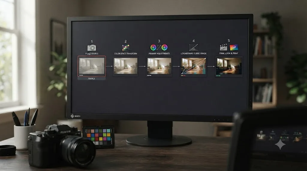 Illustration of a five-node DaVinci Resolve node graph taking Fujifilm X-H2S F-Log2 footage from log source to finished Rec.709 grade
