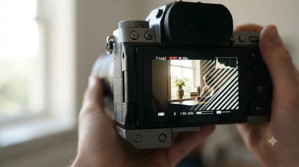 Illustration of a Fujifilm X-H2S viewfinder showing zebra stripe exposure warnings while shooting F-Log2 footage