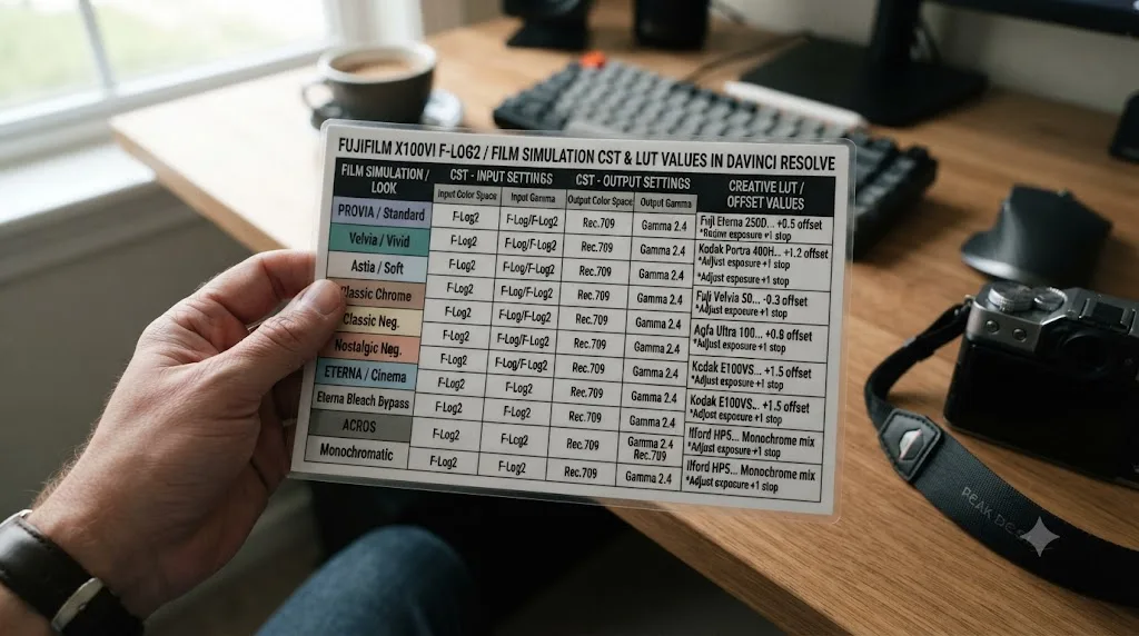 Illustration of a settings cheat sheet table for Fujifilm X100VI F-Log2 Color Space Transform and film simulation LUT values in DaVinci Resolve