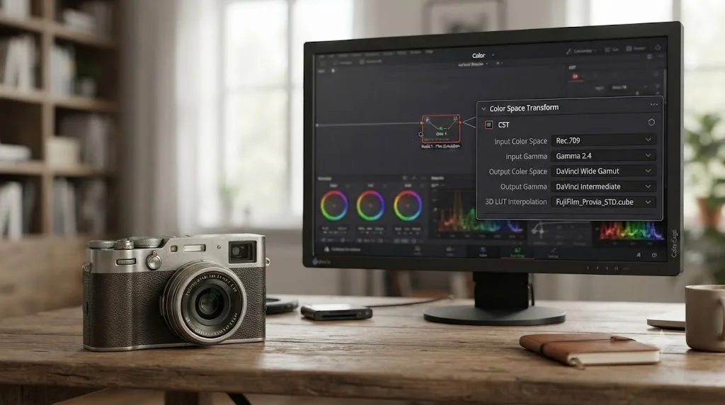 Illustration of a Fujifilm X100VI camera next to a DaVinci Resolve Color Space Transform panel showing a Fujifilm Film Simulation LUT loaded on a node
