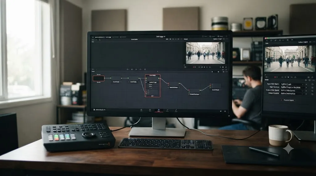 Illustration of a DaVinci Resolve Color Space Transform node converting Fujifilm X100VI F-Log2 footage from Rec.2020 to DaVinci Wide Gamut