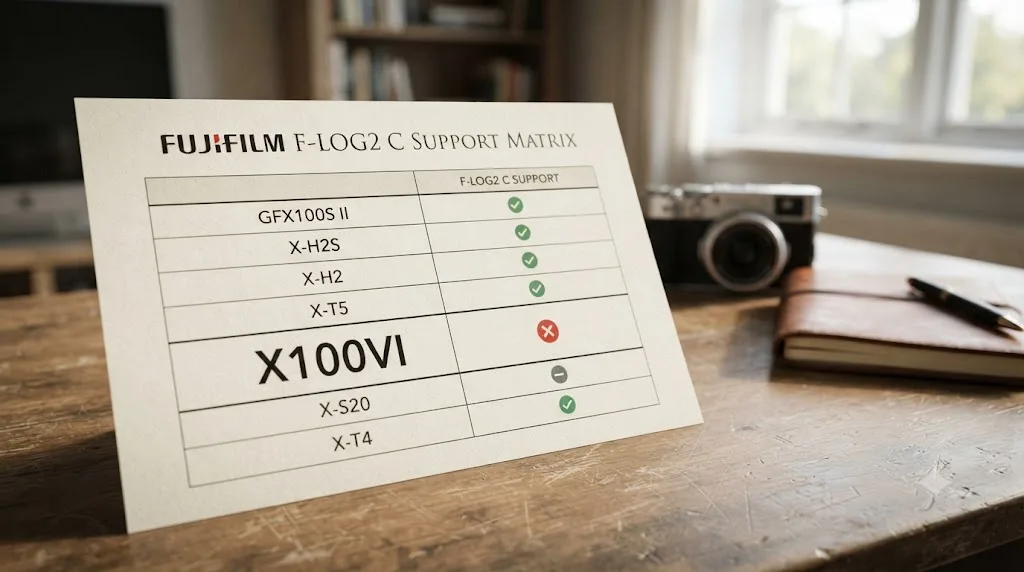 Illustration of a comparison chart showing which Fujifilm cameras support F-Log2 C, with the X100VI marked as not supported