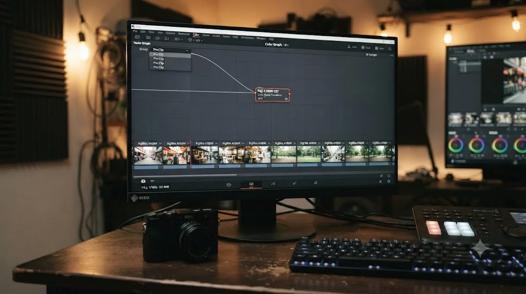 Illustration of a DaVinci Resolve node graph showing a Group Pre-Clip Color Space Transform node applied once across multiple Fujifilm X100VI clips