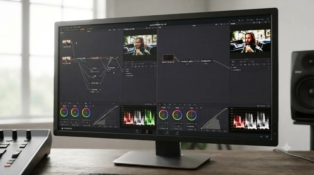 Illustration of a DaVinci Resolve node graph comparing an F-Log2 source clip with full grading headroom against a baked-in Fujifilm film simulation clip with none