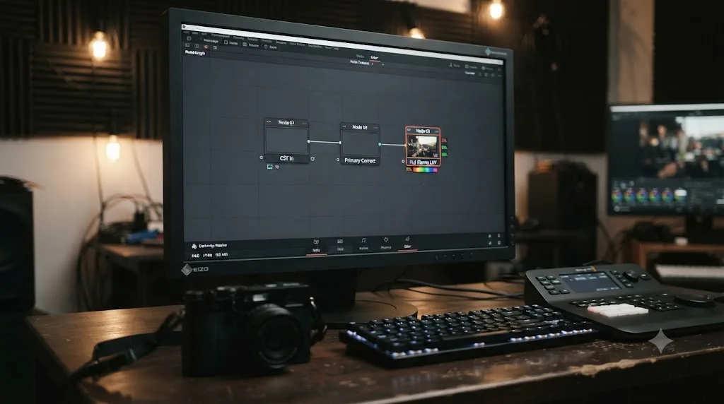 Illustration of a DaVinci Resolve node graph showing a Fujifilm Film Simulation LUT applied after a Color Space Transform and primary correction node
