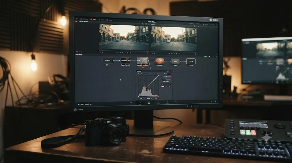 Illustration of a DaVinci Resolve color page showing a manual node adjustment recreating the Nostalgic Neg film simulation from a Classic Neg LUT base
