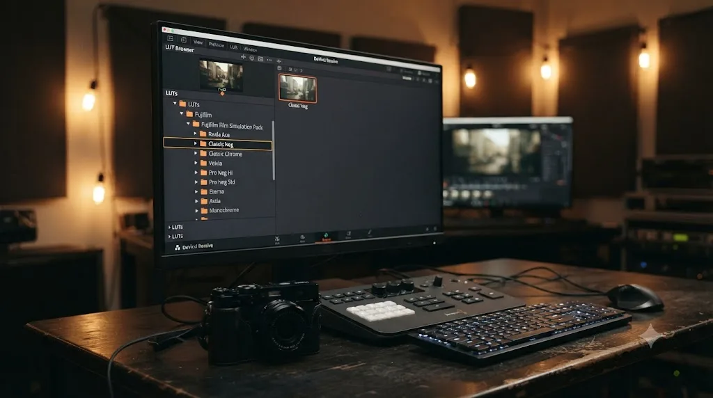 Illustration of a DaVinci Resolve LUT browser panel showing the Fujifilm Film Simulation LUT pack with Reala Ace, Classic Neg, and Classic Chrome listed