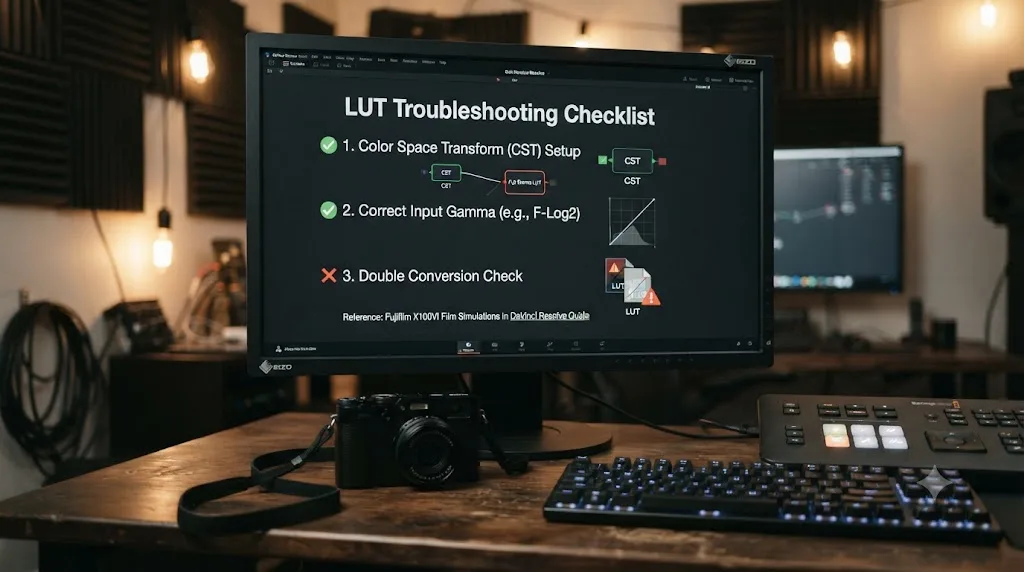 Illustration of a troubleshooting checklist for a Fujifilm Film Simulation LUT that looks wrong in DaVinci Resolve