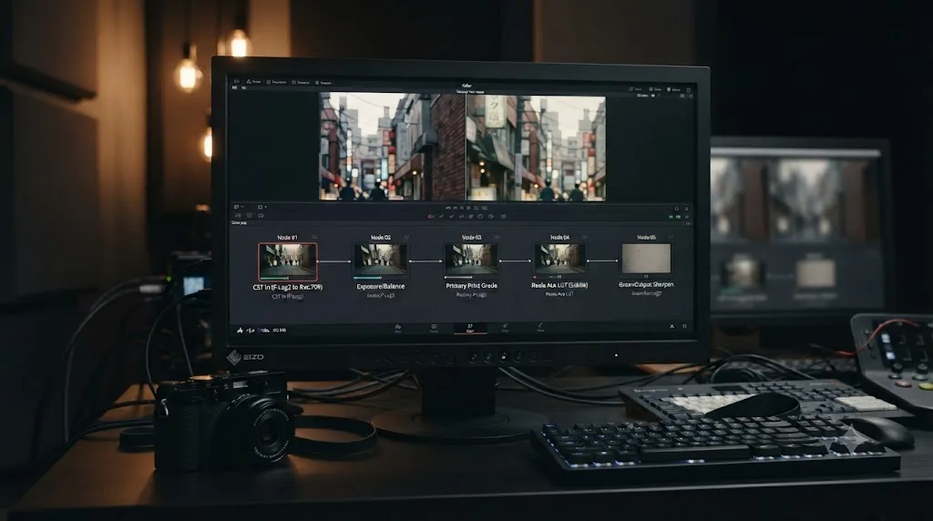 Illustration of a five-node DaVinci Resolve node graph taking a Fujifilm X100VI F-Log2 clip from flat log source to a finished Reala Ace grade