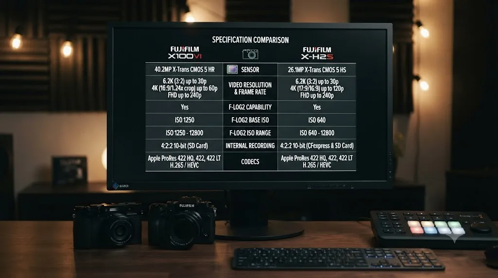 Illustration of a specs comparison chart between the Fujifilm X100VI and Fujifilm X-H2S covering F-Log2 ISO ranges and video capabilities