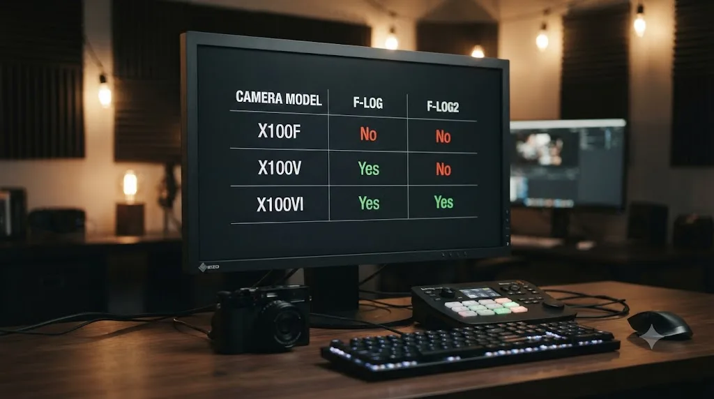 Illustration of a comparison chart of Fujifilm X100-series cameras showing which models shoot F-Log, F-Log2, or no log curve at all