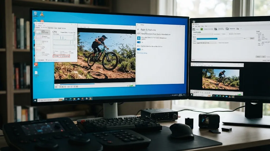 Illustration of a Windows PC with the HEVC extension installed still stuttering on 10-bit GoPro HERO11 footage until it's transcoded